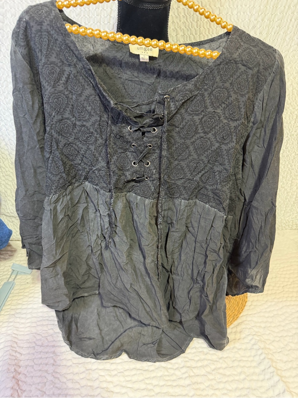 Umgee Charcoal Lace-Up Peasant Tunic